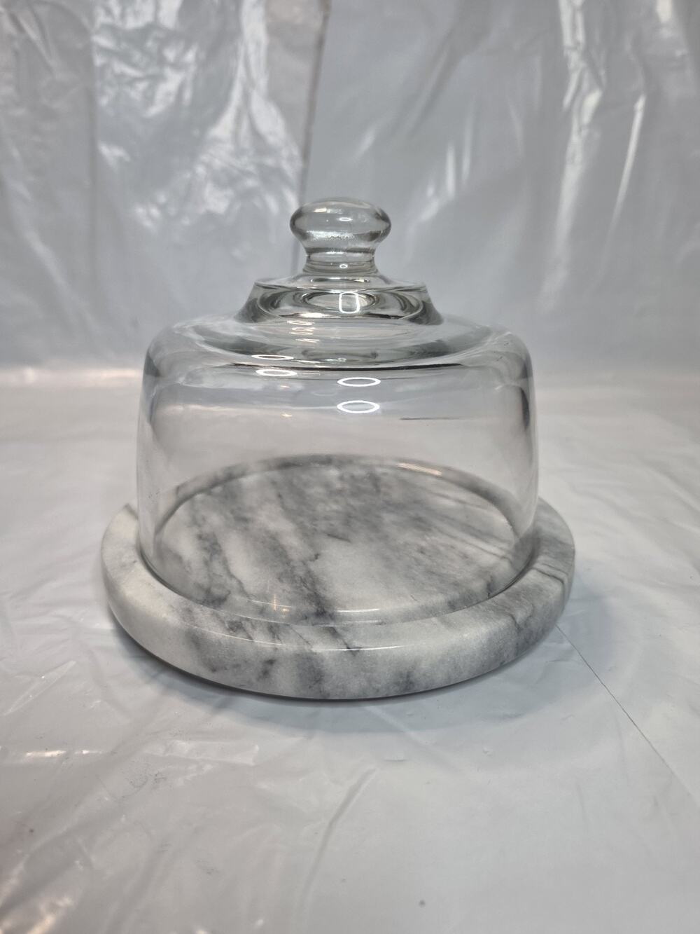 Vintage White Gray Marble Cheese Board with Clear Glass Dome Cloche Lid